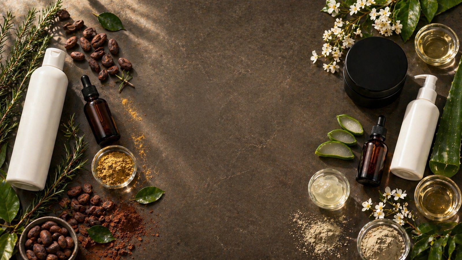 Envases de cosmética capilar y corporal sin etiqueta, listos para tu marca, junto a romero, aloe vera y aceites